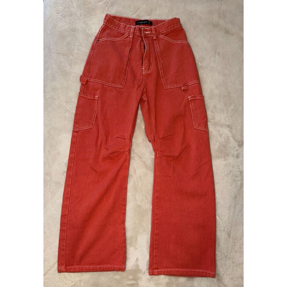 Lioness XXS Cargo Pants – 100% Cotton – Reddish Orange Wide‑Leg Utility Style